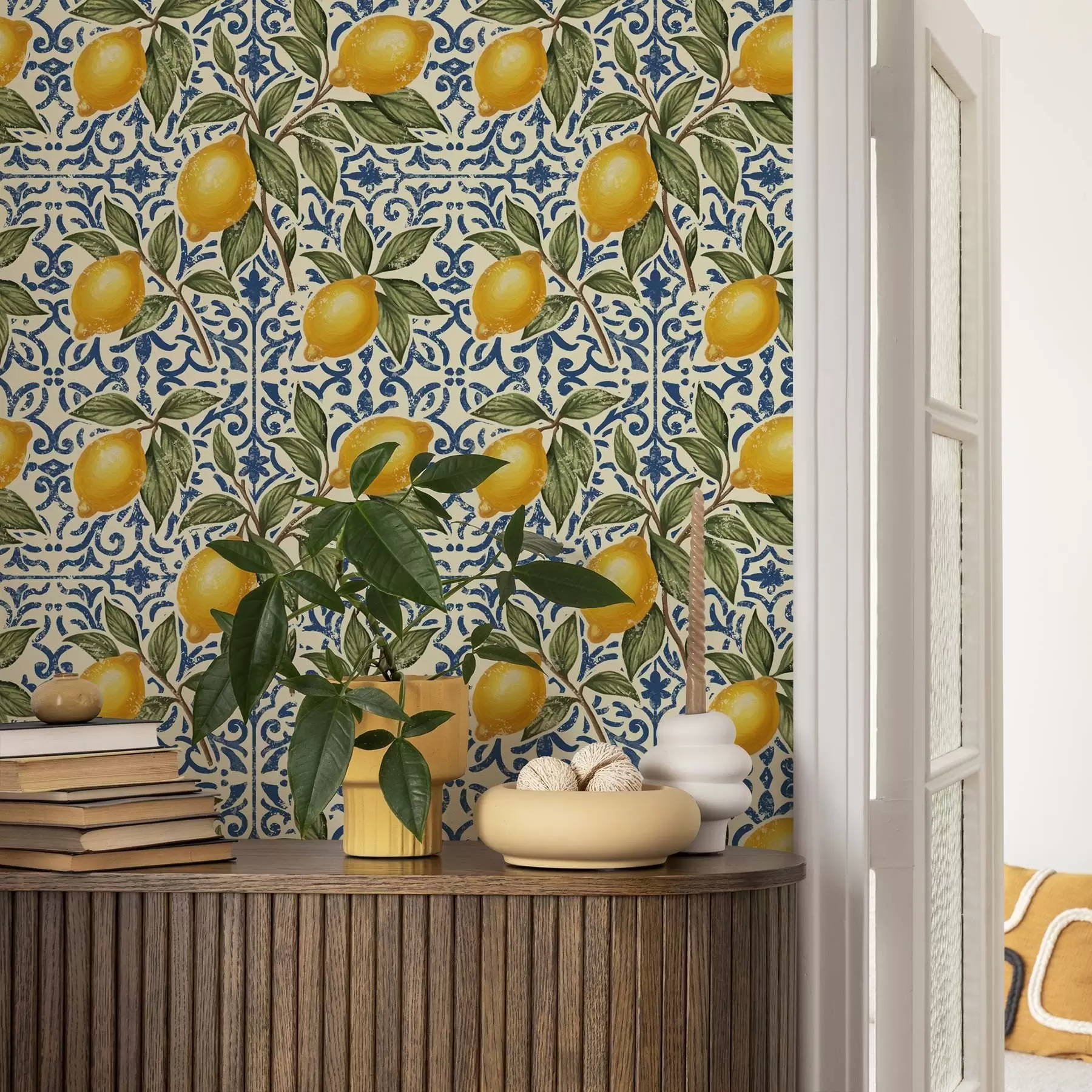 fototapet Ramuri de lămâie cu fundal ornamental albastru a00763
