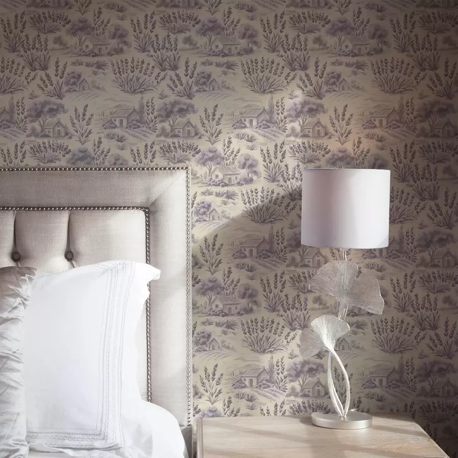 fototapet Câmpuri de lavandă și case în tonuri pastelate a00765