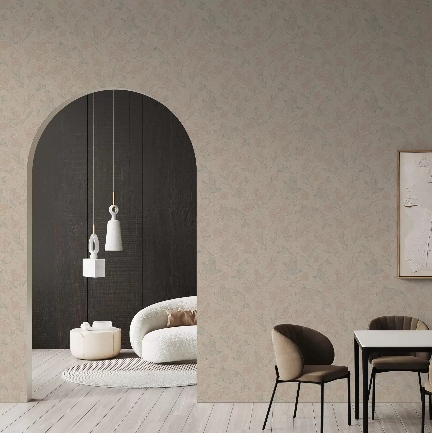 fototapet Crapii printre flori în nuanțe delicate de bej-roz a00766