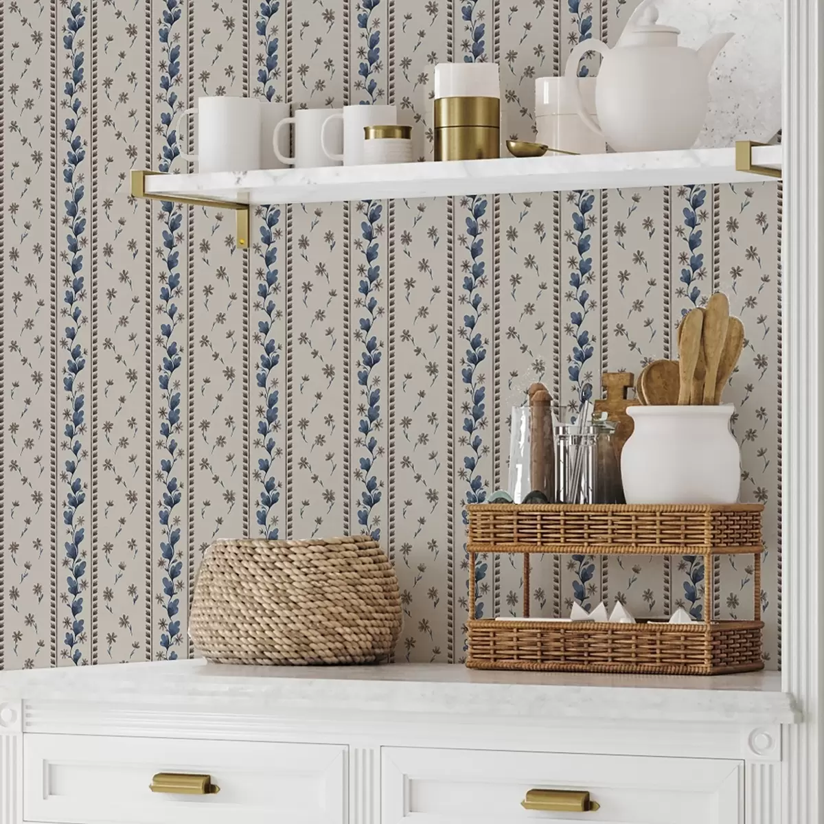 Wallpaper Dungi florale verticale în tonuri de albastru-maro a00811v3