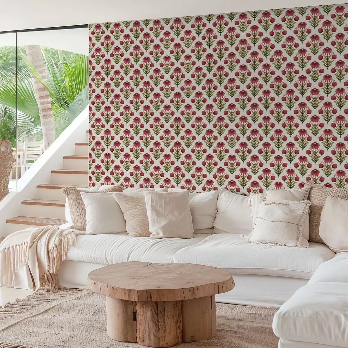 Wallpaper Ornament floral simetric în nuanțe intense de roșu și verde a00812v4