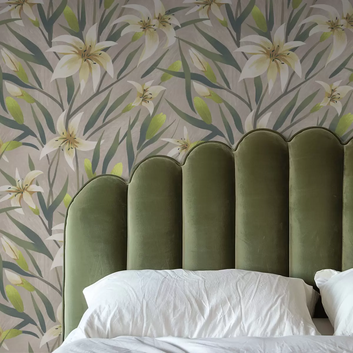 Wallpaper Crini crem cu frunze pe fundal gri-bej a00837