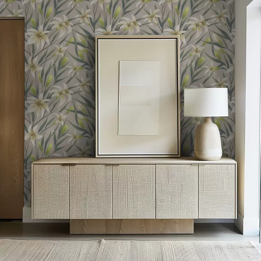 fototapet Crini crem cu frunze pe fundal gri-bej a00837