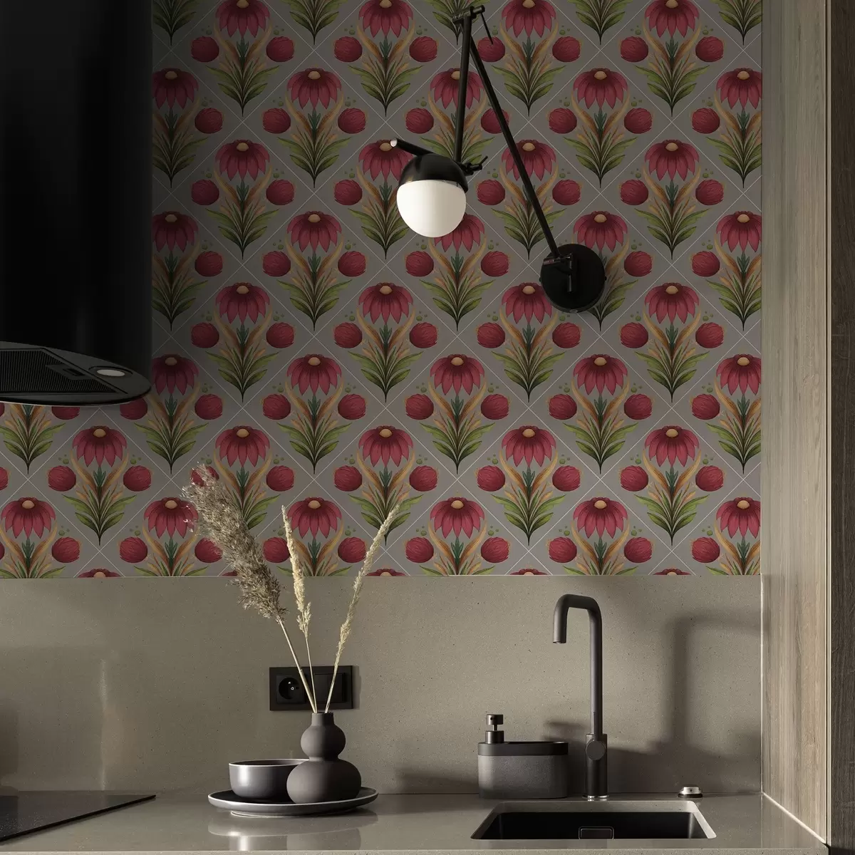 Wallpaper Ornament floral simetric pe fond gri cu diagonale a00869