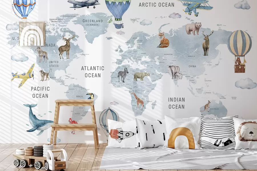 fototapet Harta pentru copii în stil acuarelă, cu animale și baloane cu aer cald. Limba engleză. Culoare albastră c00001env1