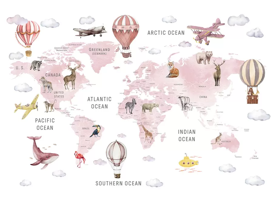 fototapet Hartă în stil acuarelă pentru copii, cu animale și baloane cu aer cald. Limba engleză. Roz. c00001env3