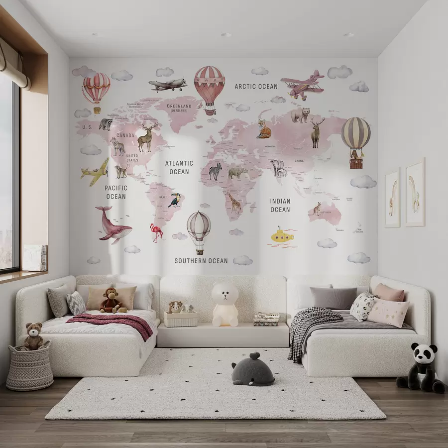 fototapet Harta pentru copii în stil acuarelă, cu animale și baloane cu aer cald. Limba engleză. Culoare roz. c00001env3