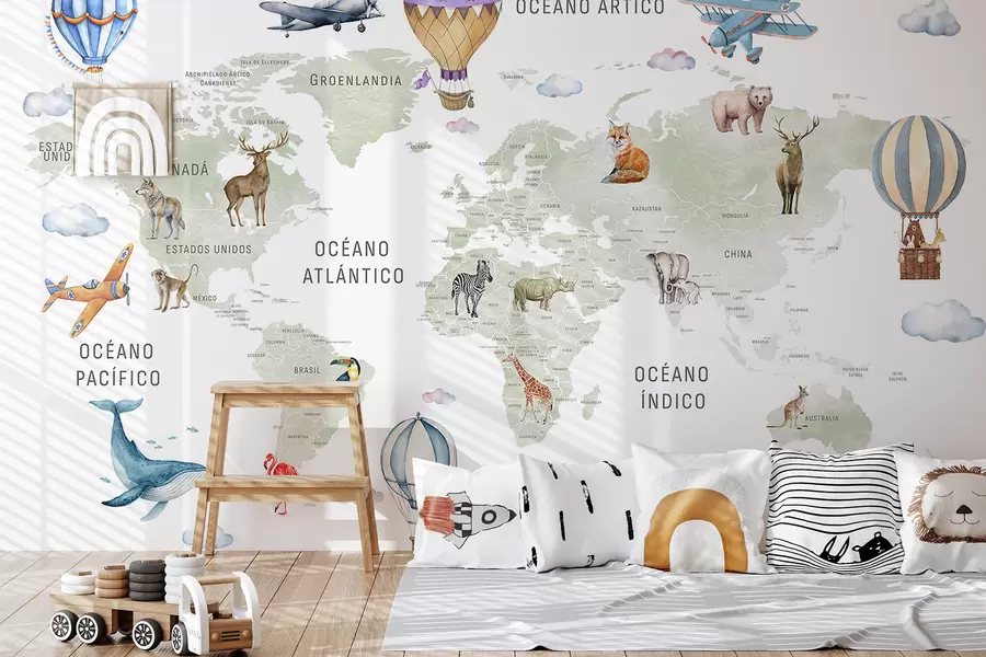 fototapet Harta pentru copii în stil acuarelă, cu animale și baloane cu aer cald. Limba spaniolă. Culoare verde. c00001es