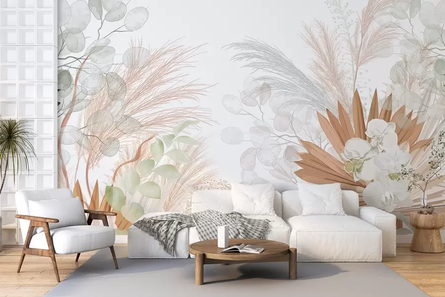 fototapet Iarbă de pampas, eucalipt, frunze tropicale și orhidee pe fond alb, culori pastelate w09366