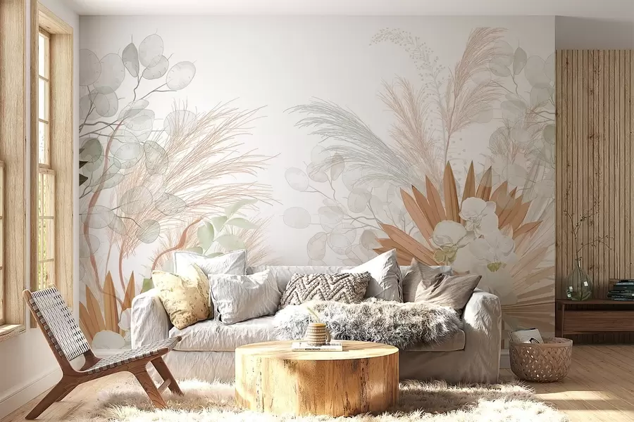fototapet Iarbă de pampas, eucalipt, frunze tropicale și orhidee pe fond alb, culori pastelate w09366