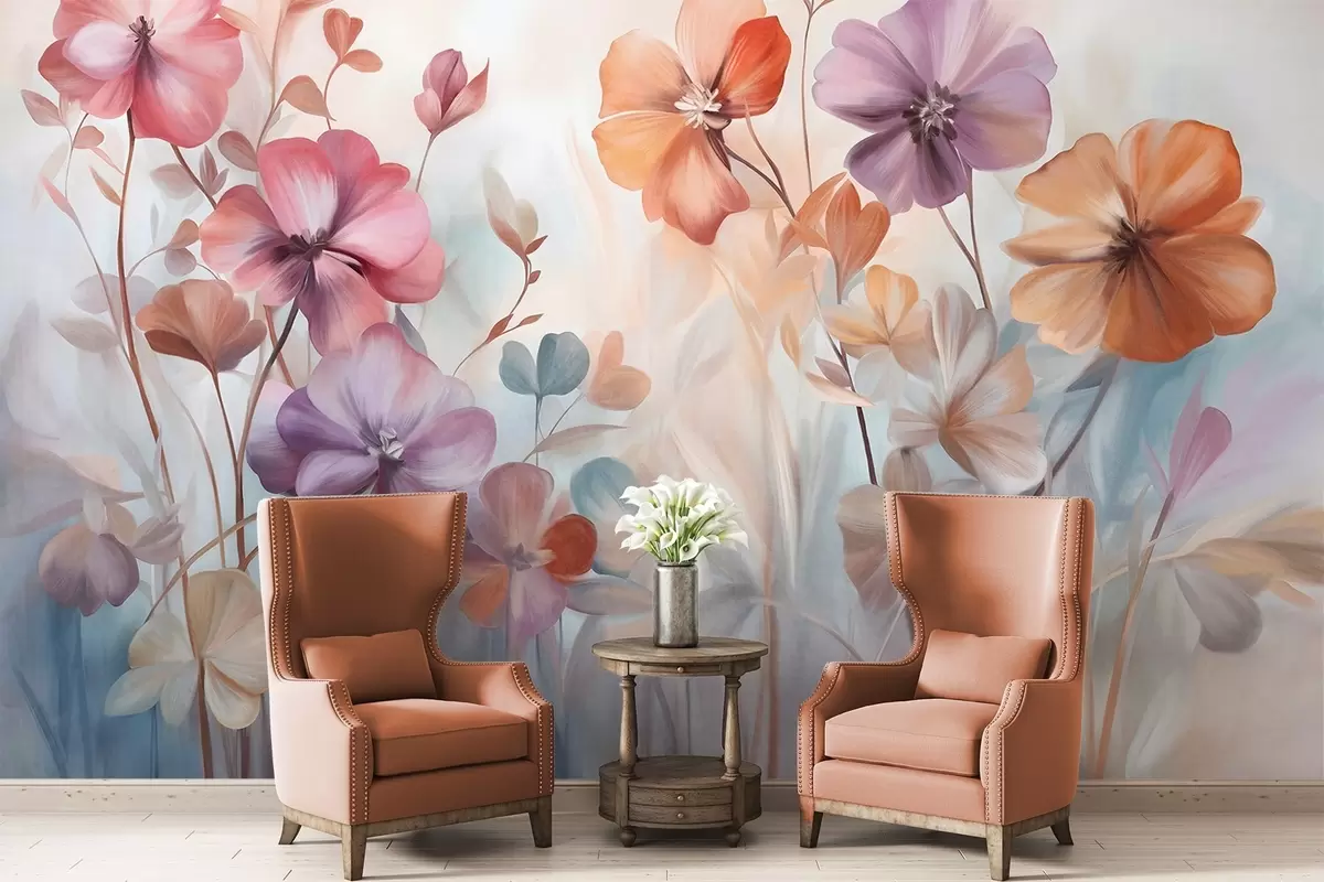 fototapet Aranjament floral texturat cu flori roz, violet și portocalii, cu tulpini și frunze verzi, în culori pastelate delicate w09486