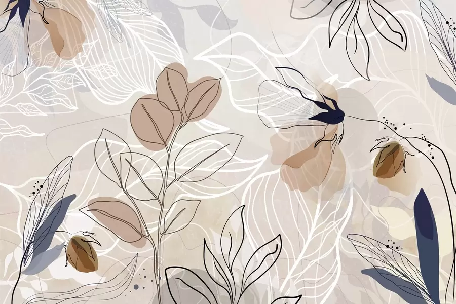 fototapet Fundal abstract bej cu frunze și flori desenate, modern, minimalist, forme organice, imprimeu botanic w09487