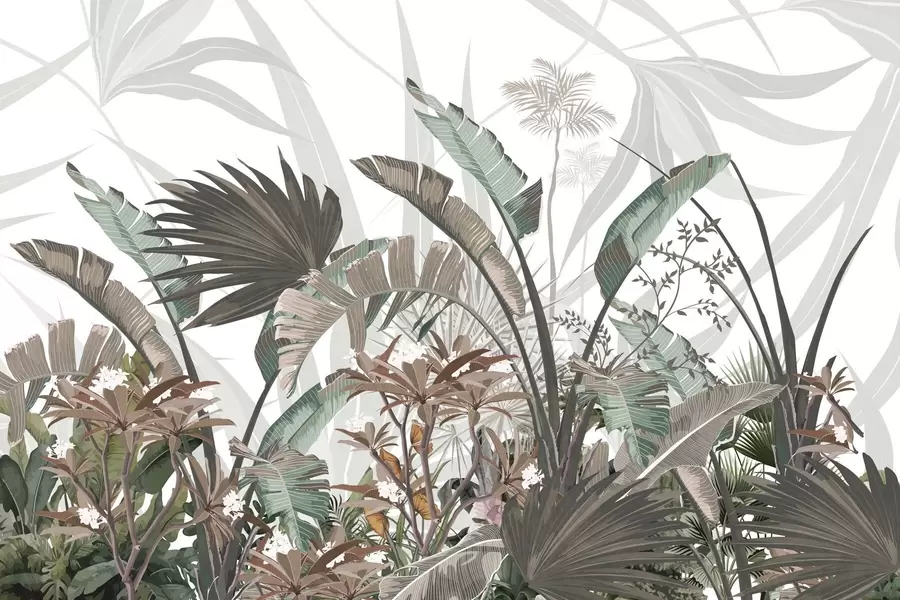 fototapet Frunze tropicale texturate cu flori, palmieri, flori de plumeria, culori pastelate, fundal alb, junglă w09488