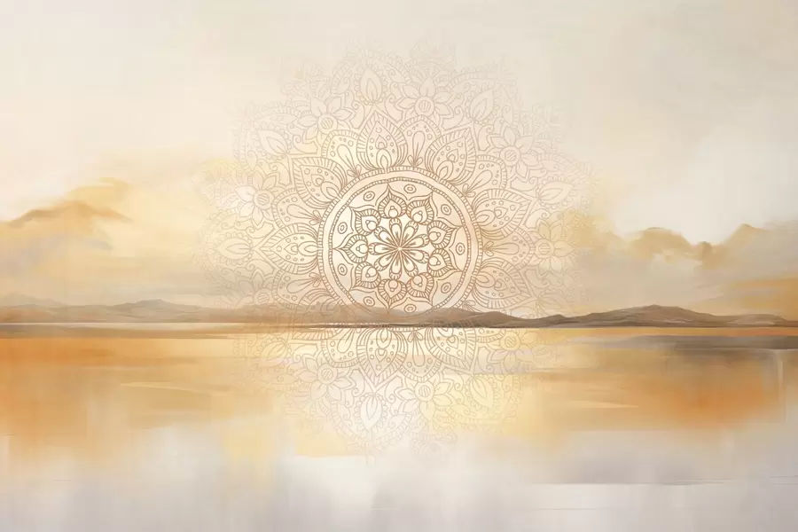 fototapet Design mandala simetric texturat care acoperă un peisaj cu mare, dealuri și cer, culori pastelate delicate w09491