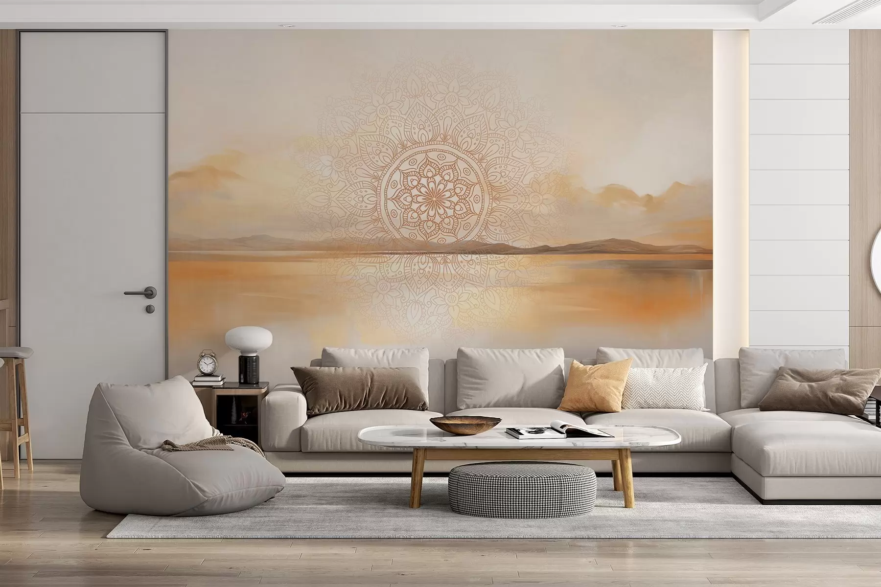fototapet Design mandala simetric texturat care acoperă un peisaj cu mare, dealuri și cer, culori pastelate delicate w09491