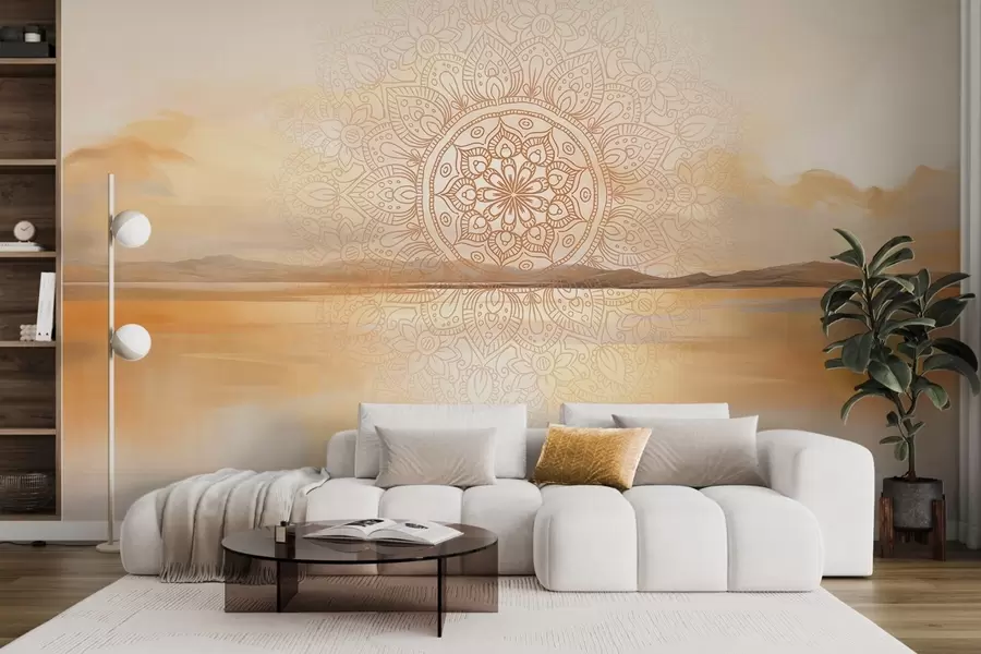 fototapet Design mandala simetric texturat care acoperă un peisaj cu mare, dealuri și cer, culori pastelate delicate w09491