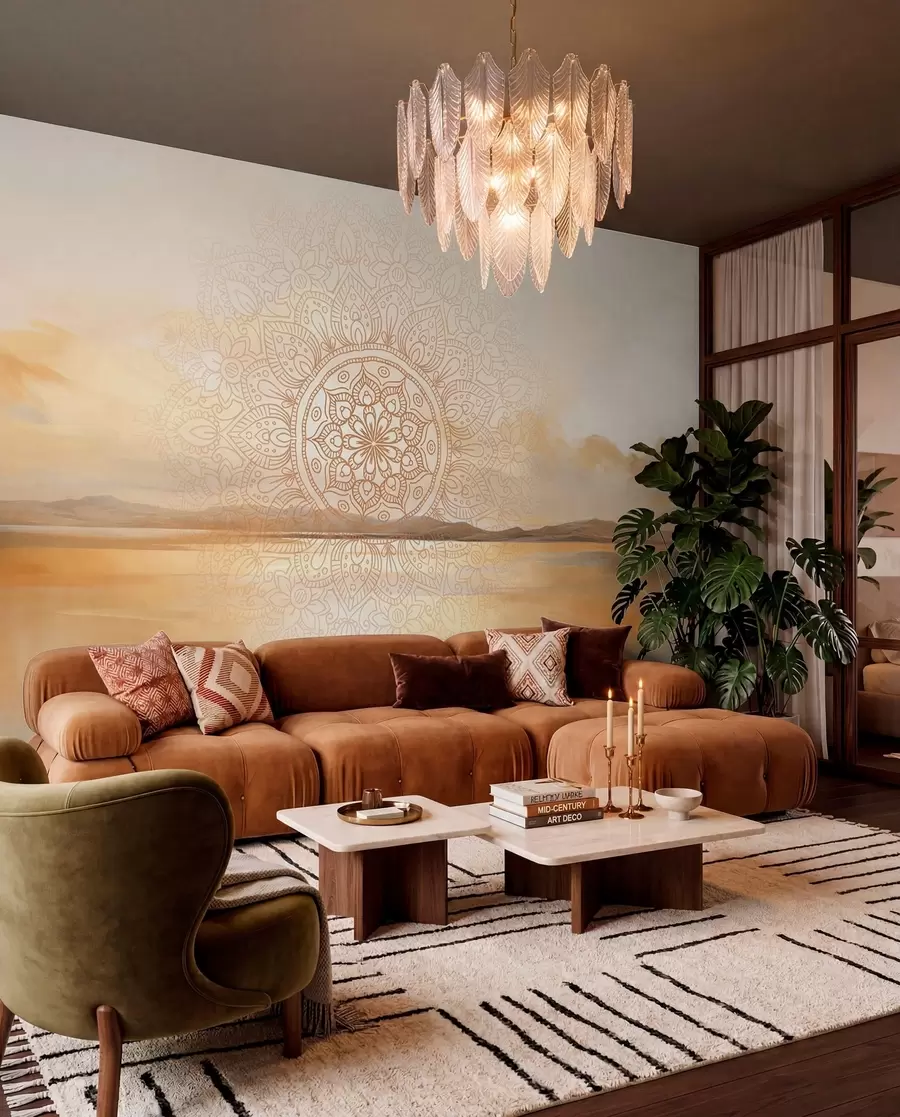 fototapet Design mandala simetric texturat care acoperă un peisaj cu mare, dealuri și cer, culori pastelate delicate w09491