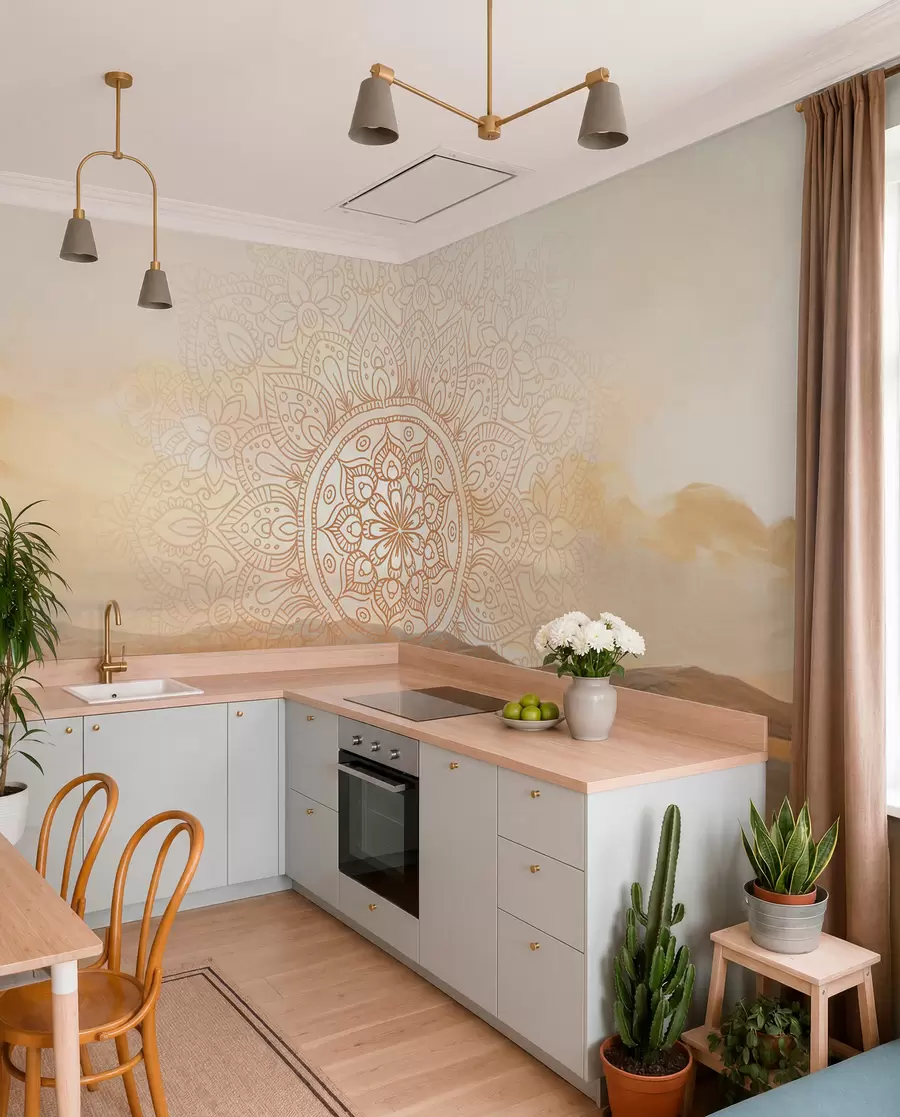 fototapet Design mandala simetric texturat care acoperă un peisaj cu mare, dealuri și cer, culori pastelate delicate w09491