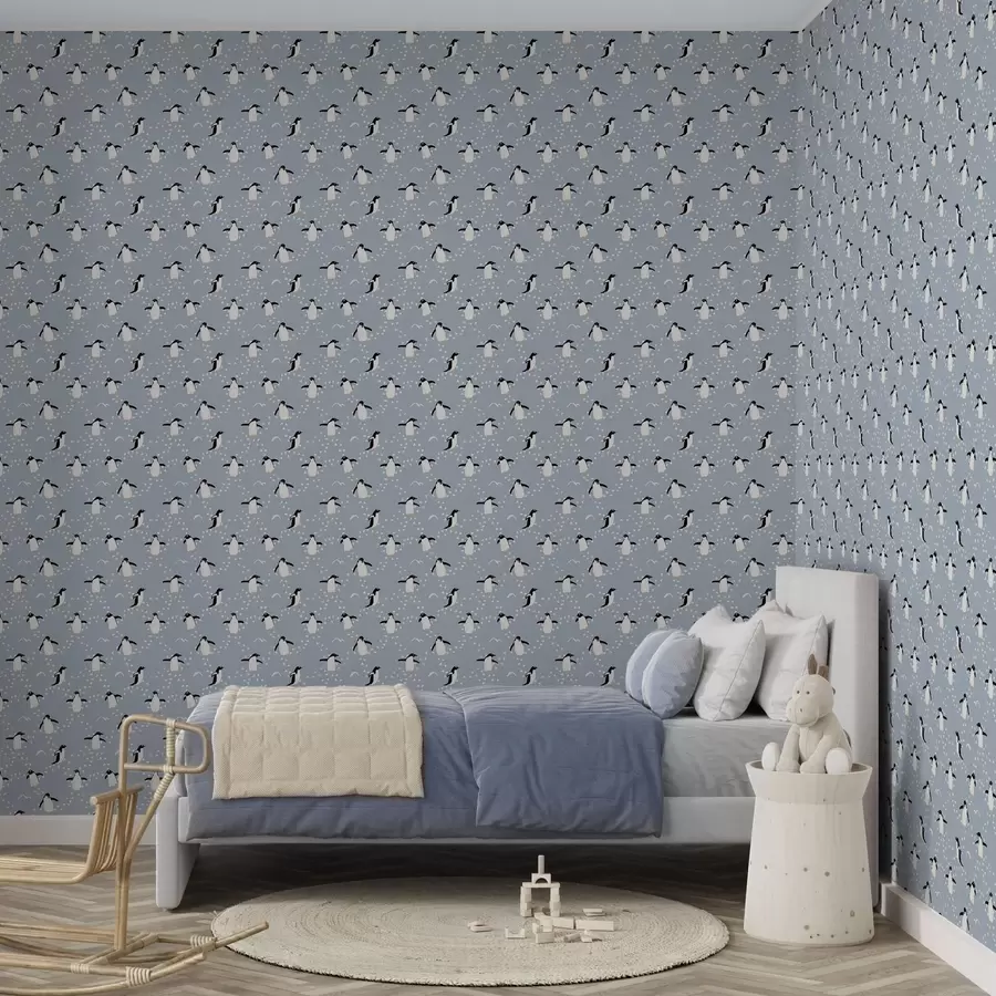 fototapet Pinguini pe fond gri-albastru cu urme de pași a00655