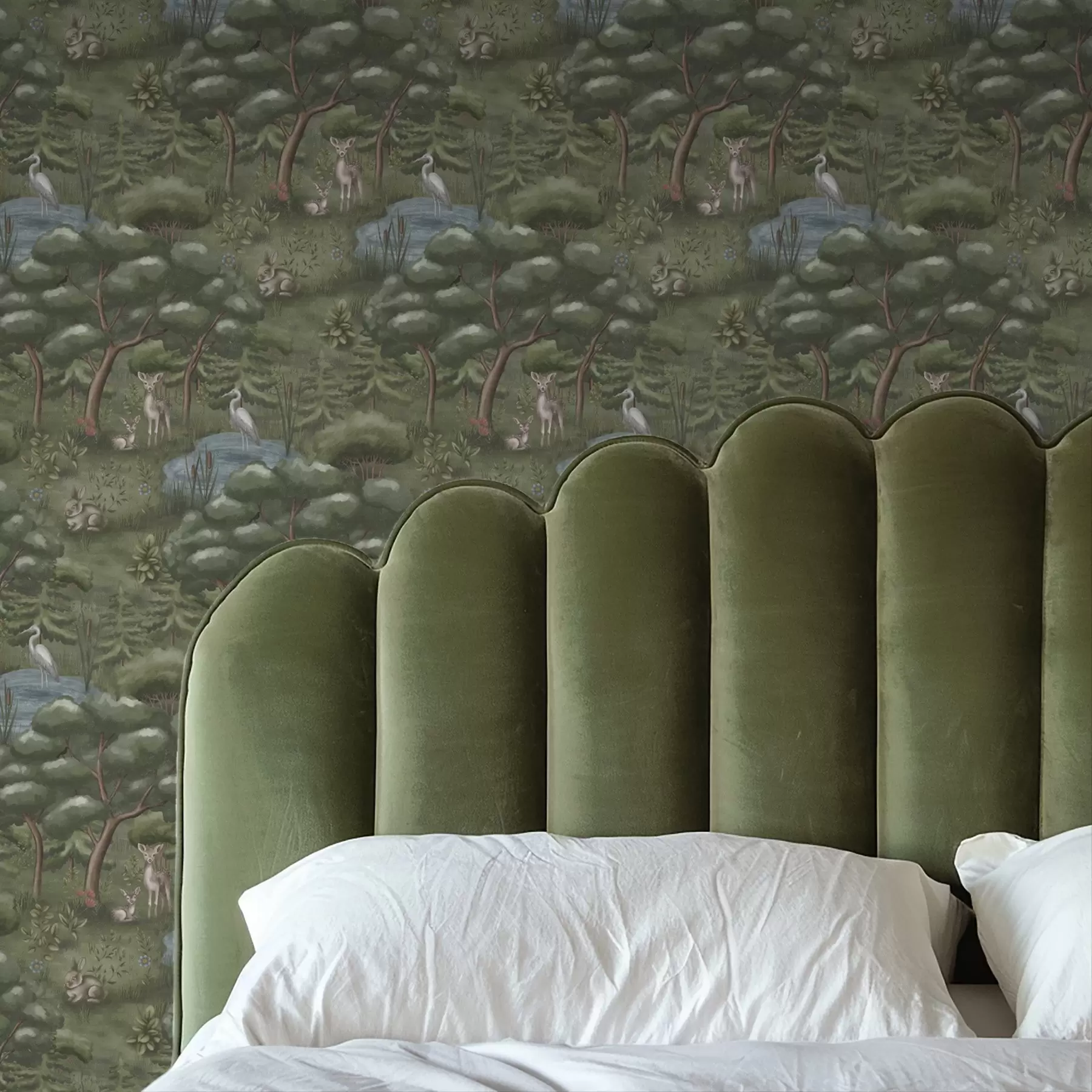 fototapet Poiană cu pui de căprioare, iepuri și stârci a00680