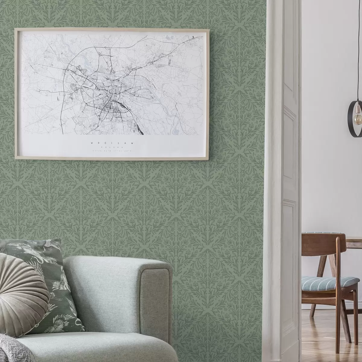 Wallpaper Damasc botanic fin în verde discret a00815v1