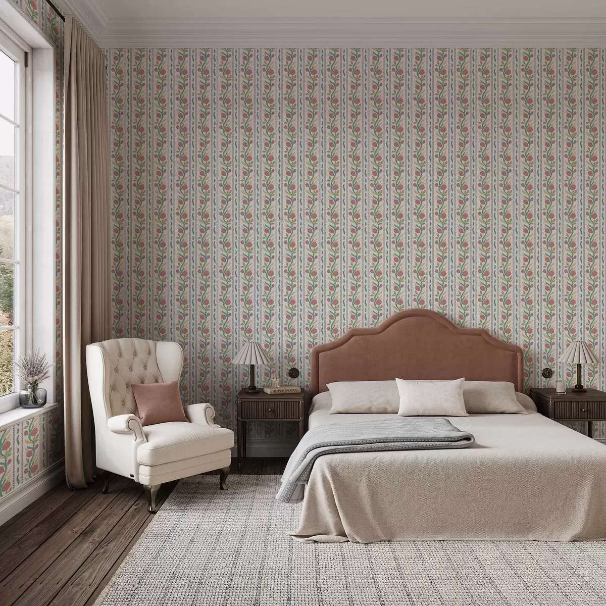 Wallpaper Dungi verticale cu flori de coral și frunze turcoaz a00816