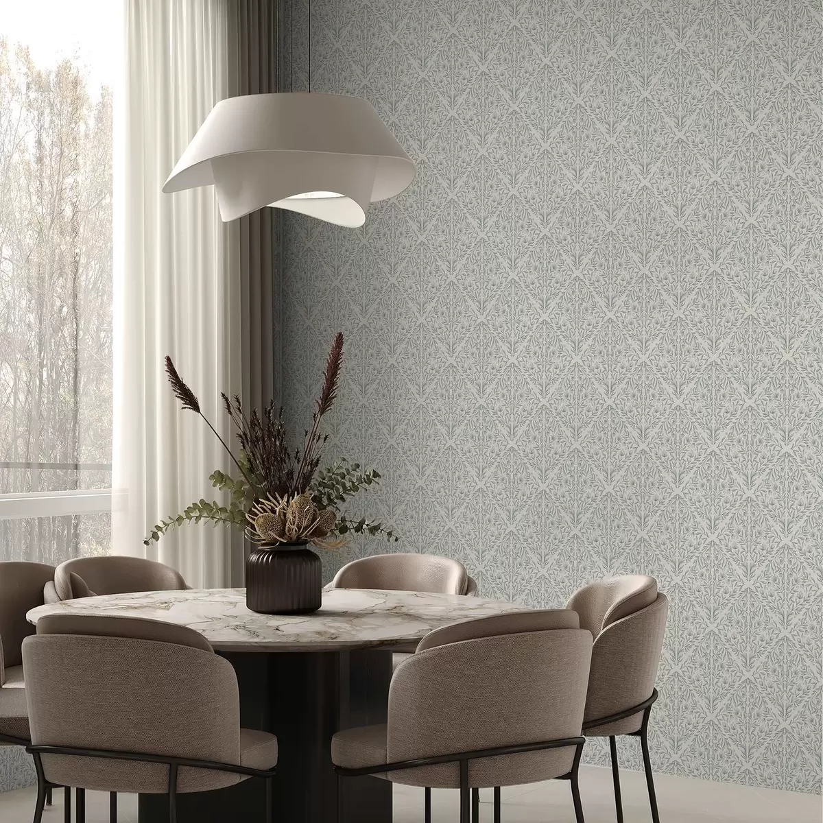 Wallpaper Lacy trage pe fond alb-crem cu contur turcoaz a00815v4