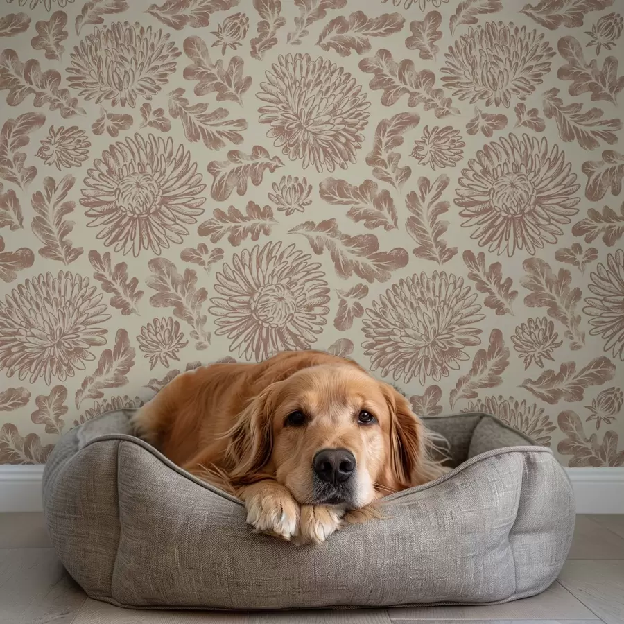 fototapet Crizanteme și frunze de stejar în nuanțe delicate de bej-maro a00840