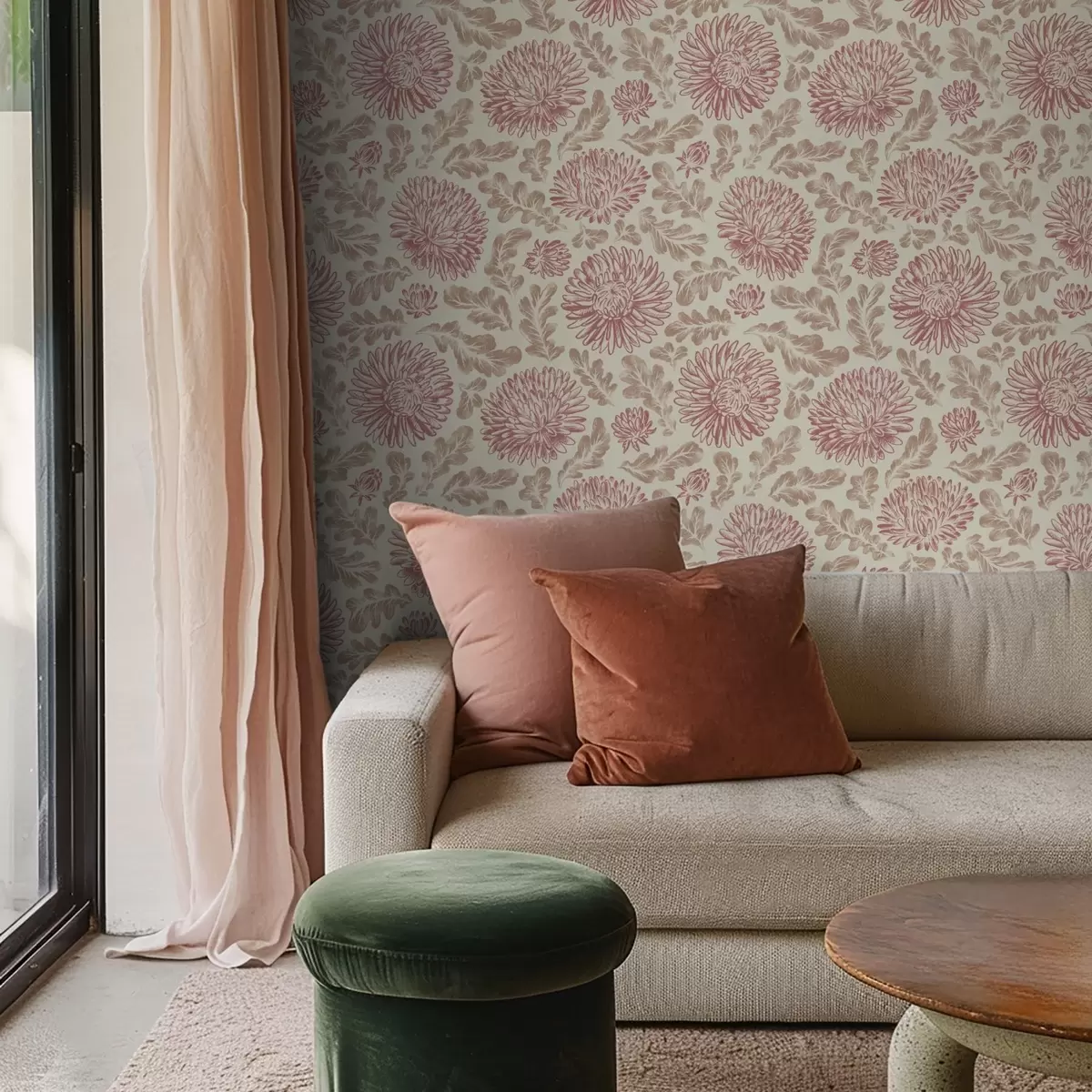 Wallpaper Crizanteme cu accente de vin pe crem a00840v1