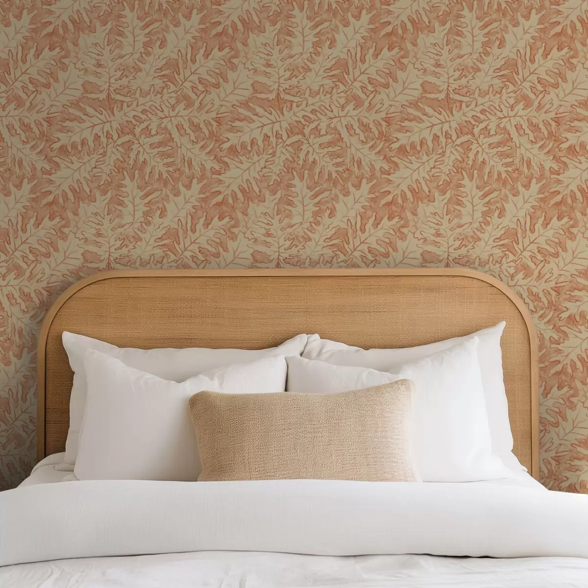 Wallpaper Frunze mari de stejar din teracotă pe fond crem a00846