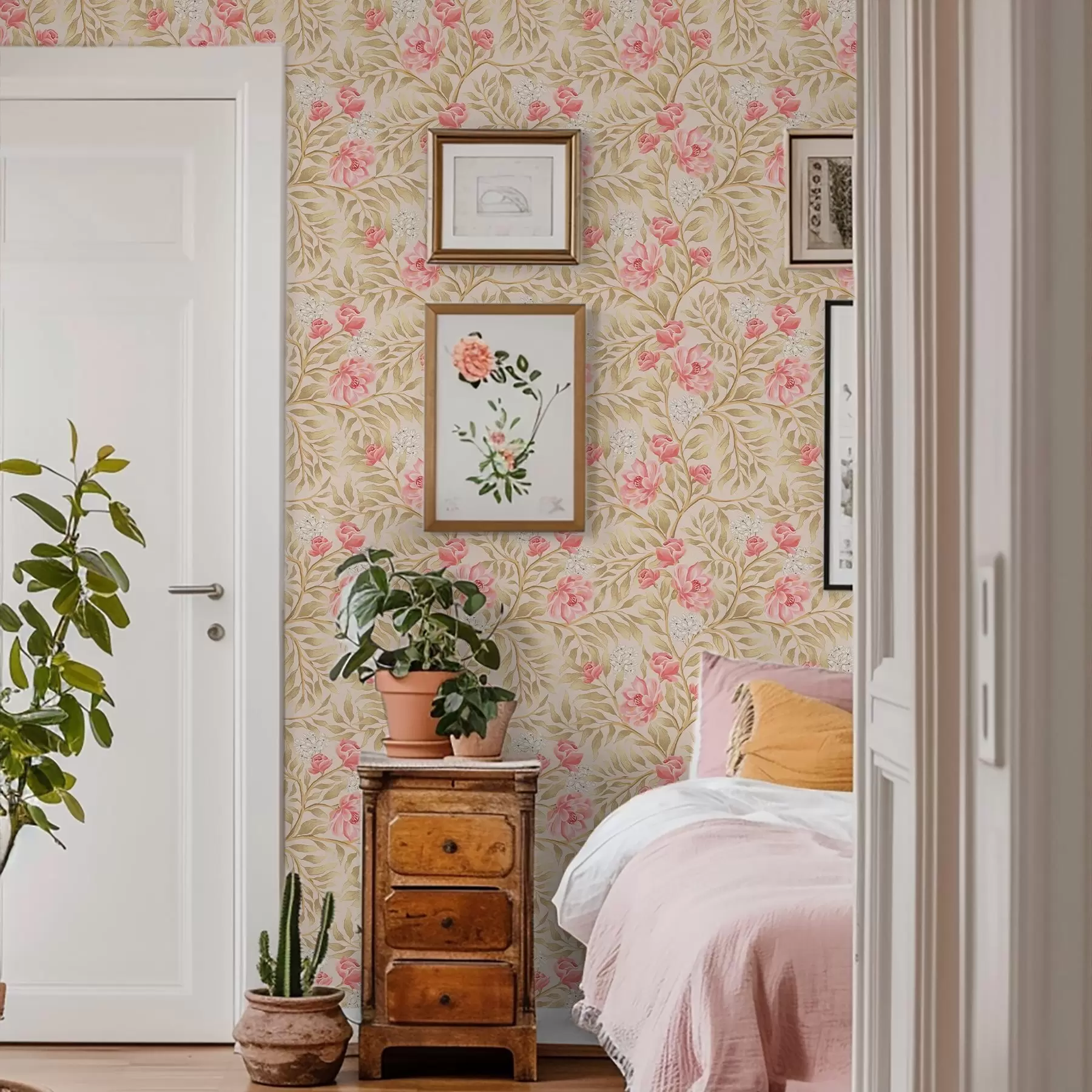 fototapet Flori roz, flori albe și frunziș în nuanțe de ocru a00855