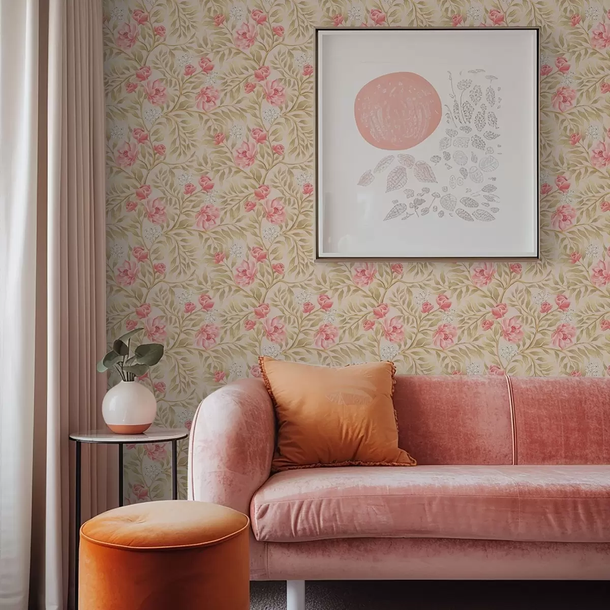 Wallpaper Flori roz, flori albe și frunziș în nuanțe de ocru a00855