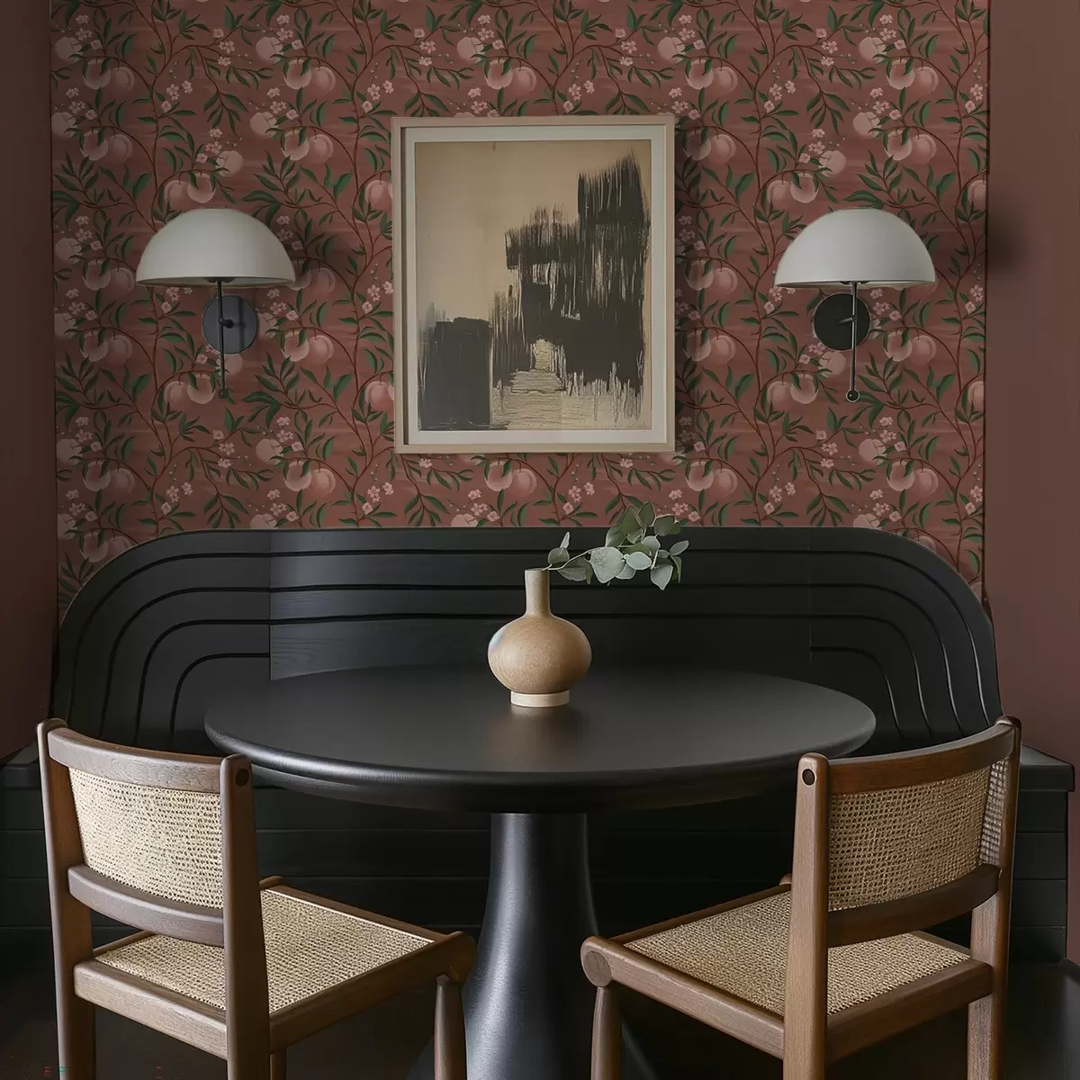 Wallpaper Piersici pe ramuri cu flori roz, sol teracotă a00856