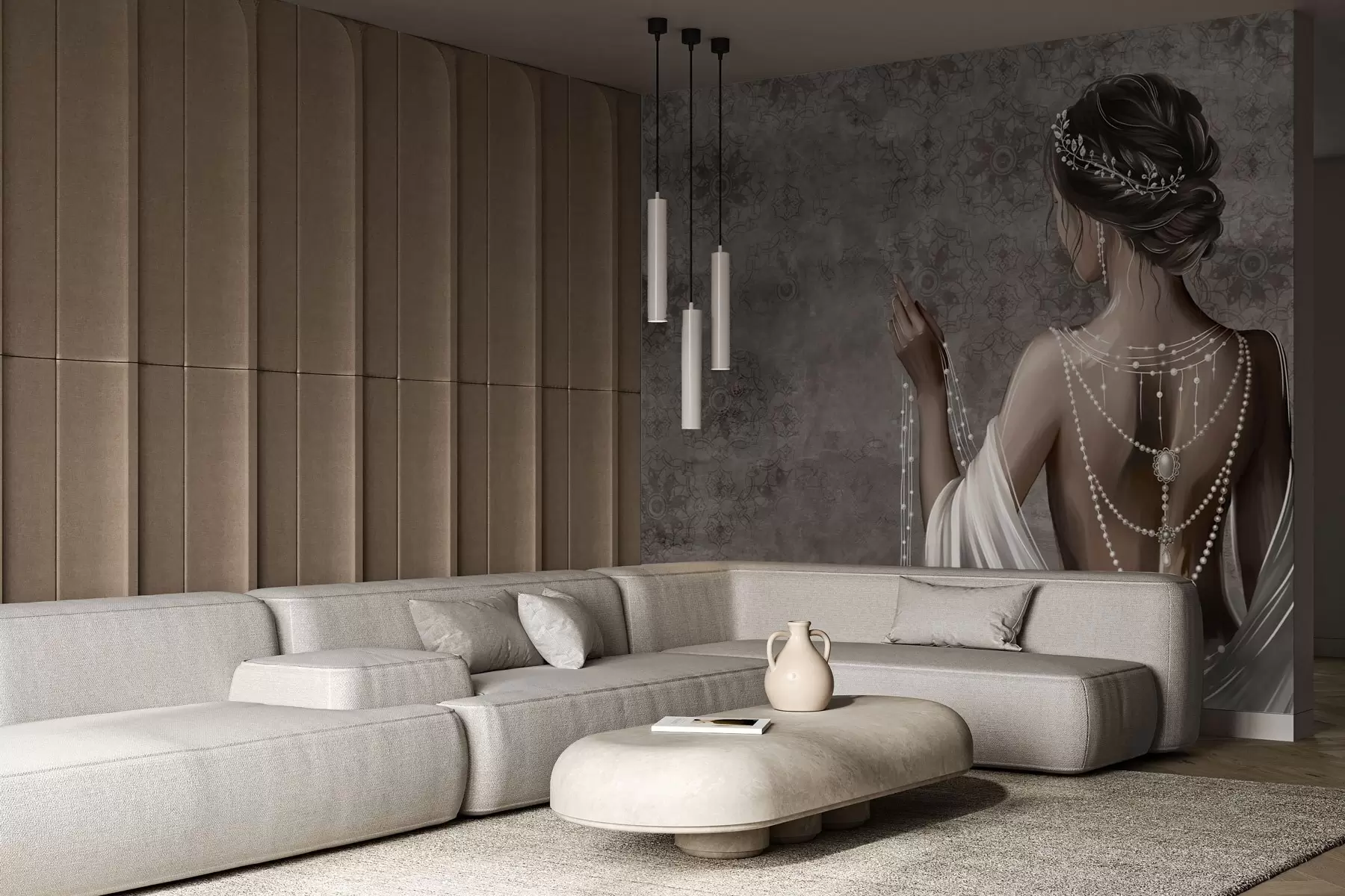 fototapet Femeie văzută din spate cu perle, fundal cu model de piatră gri w04854