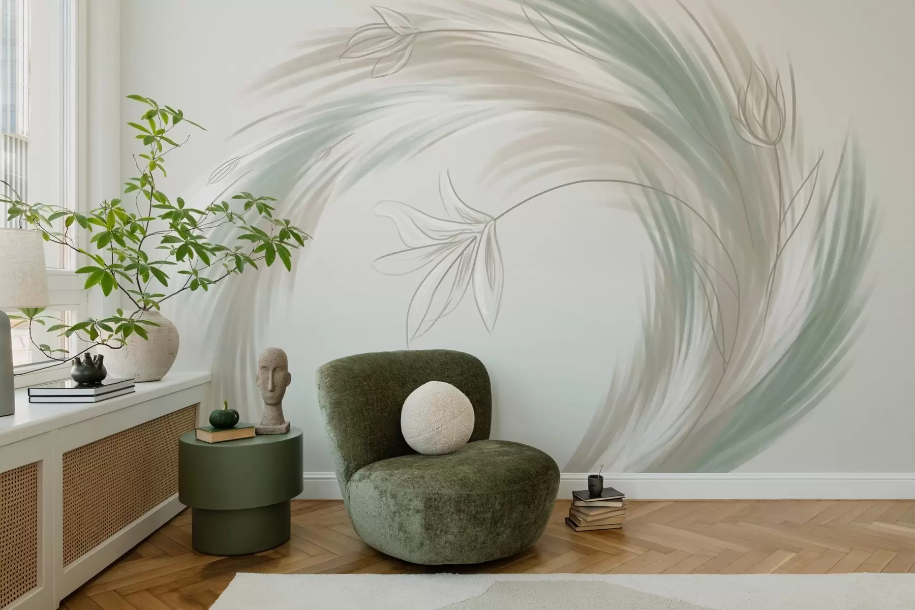 fototapet pene și flori verzi și bej, pictate manual w04816