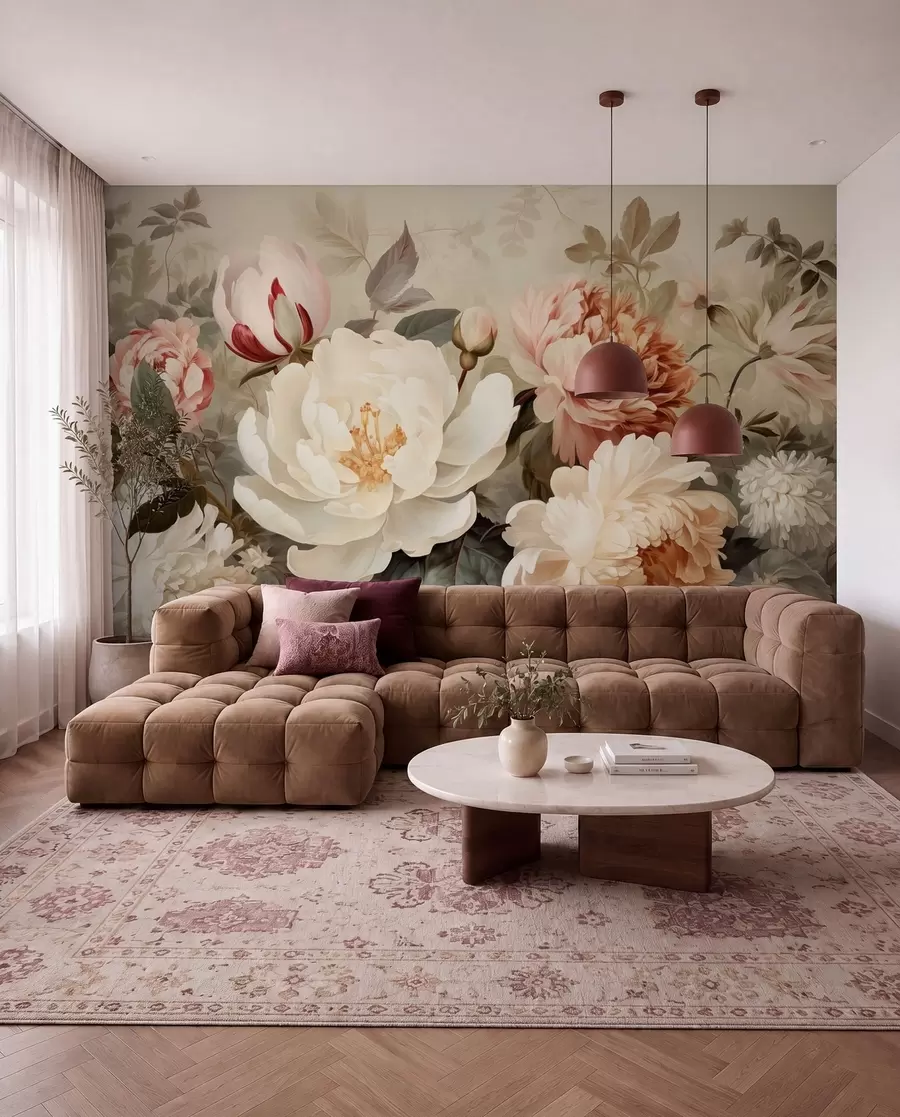 fototapet Bujori și crizanteme delicate în nuanțe pastelate w09350