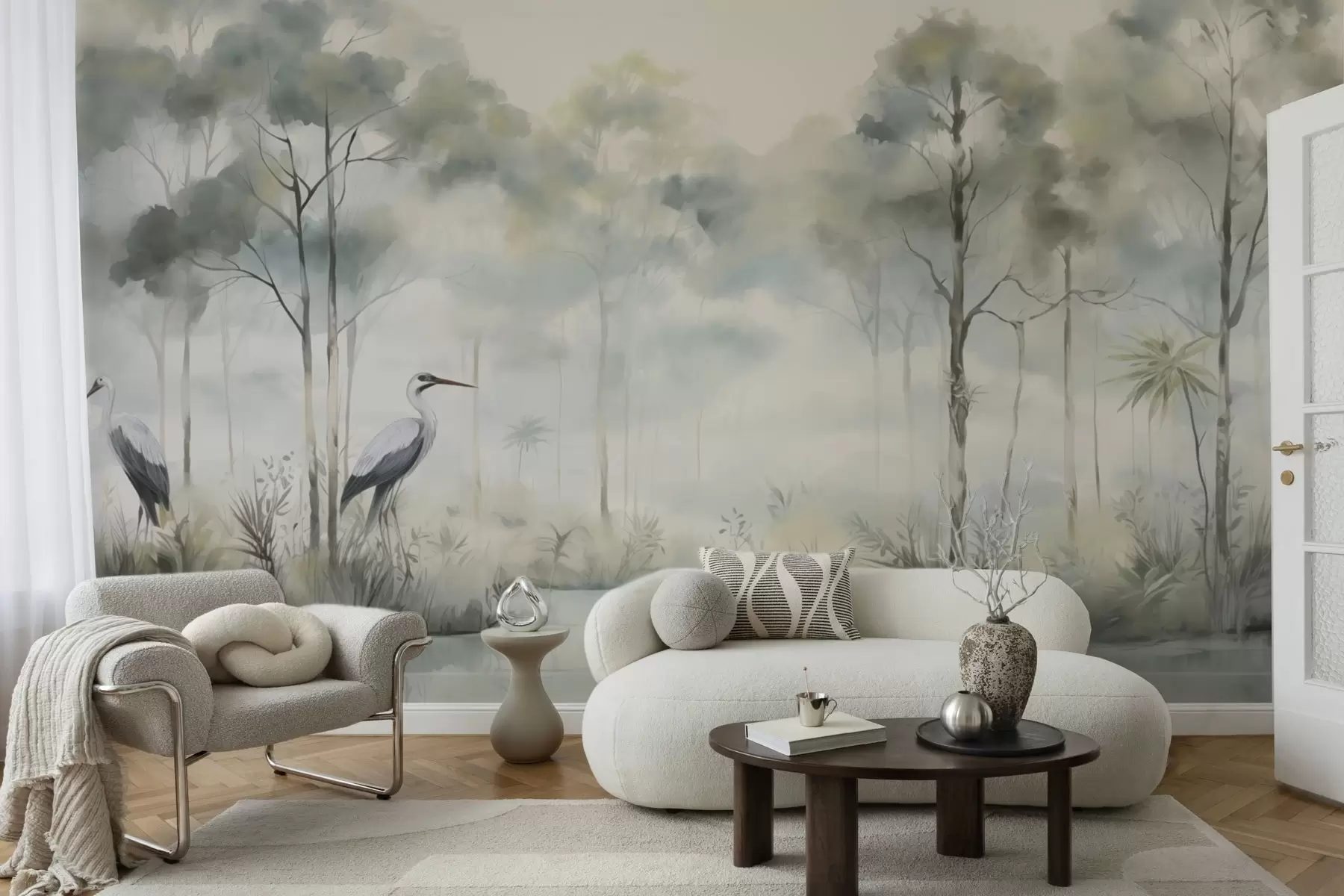 fototapet Pădure ceațoasă lângă apă, cu stârci, paletă de culori calde și delicate w04788