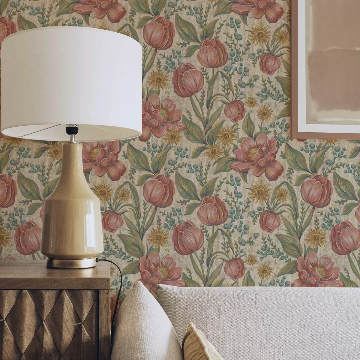 Wallpaper Lalele și asteri vintage, fond crem texturat a00773