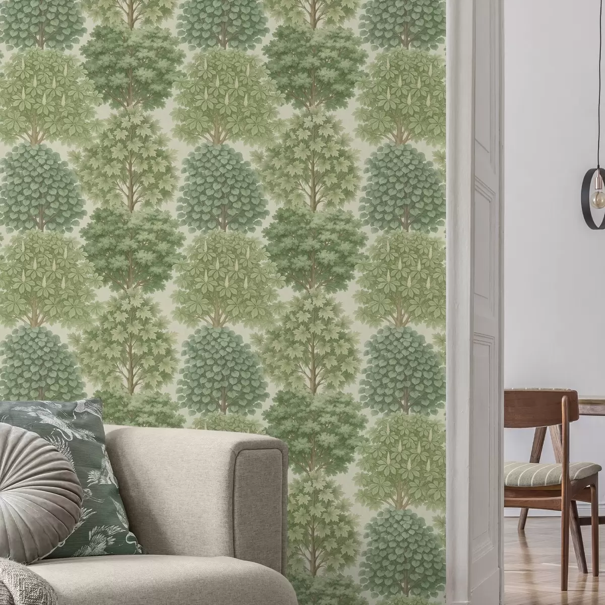 Wallpaper Grădină cu copaci în nuanțe delicate de verde pe un fundal deschis a00775