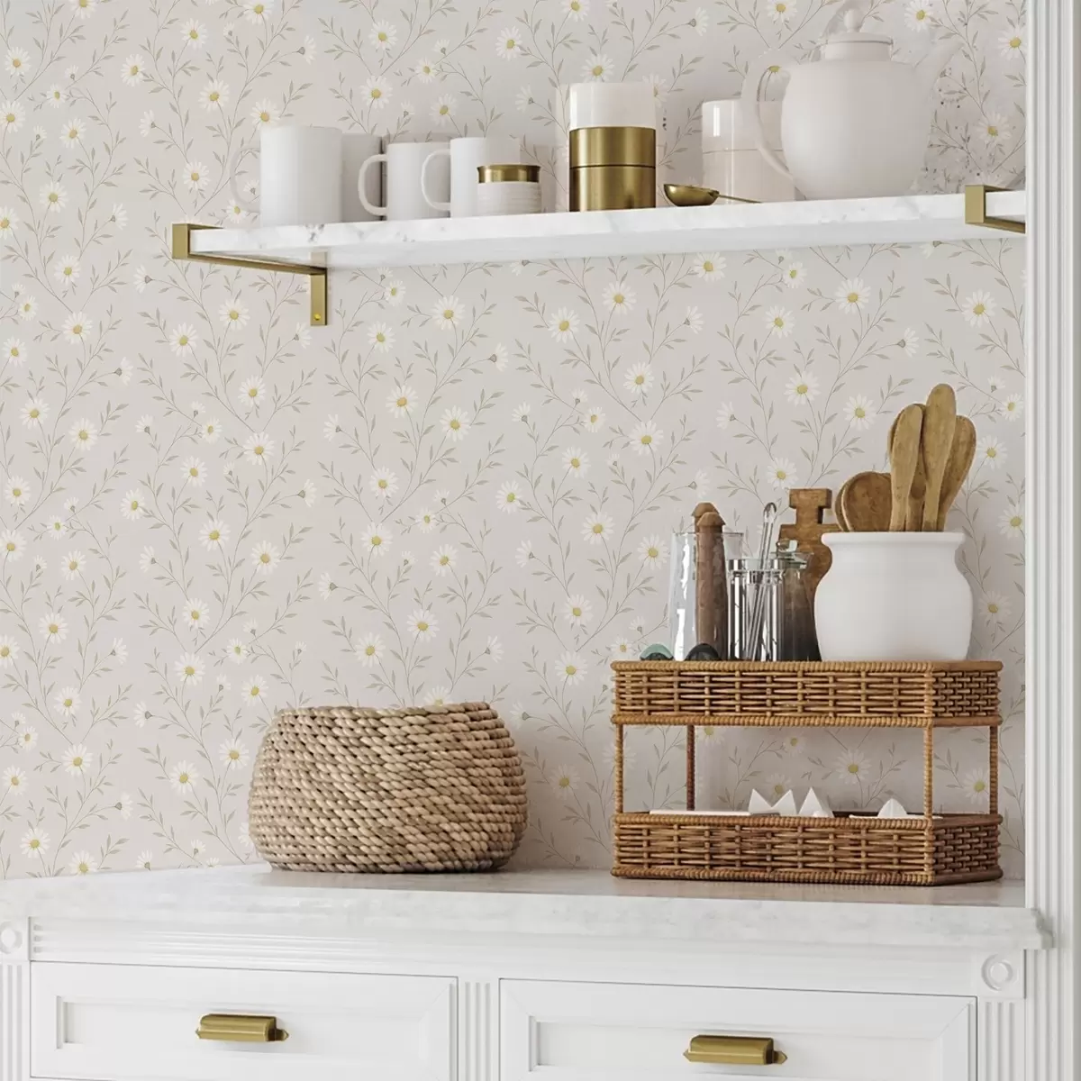 Wallpaper Mici margarete pe crenguțe, bej cald a00777