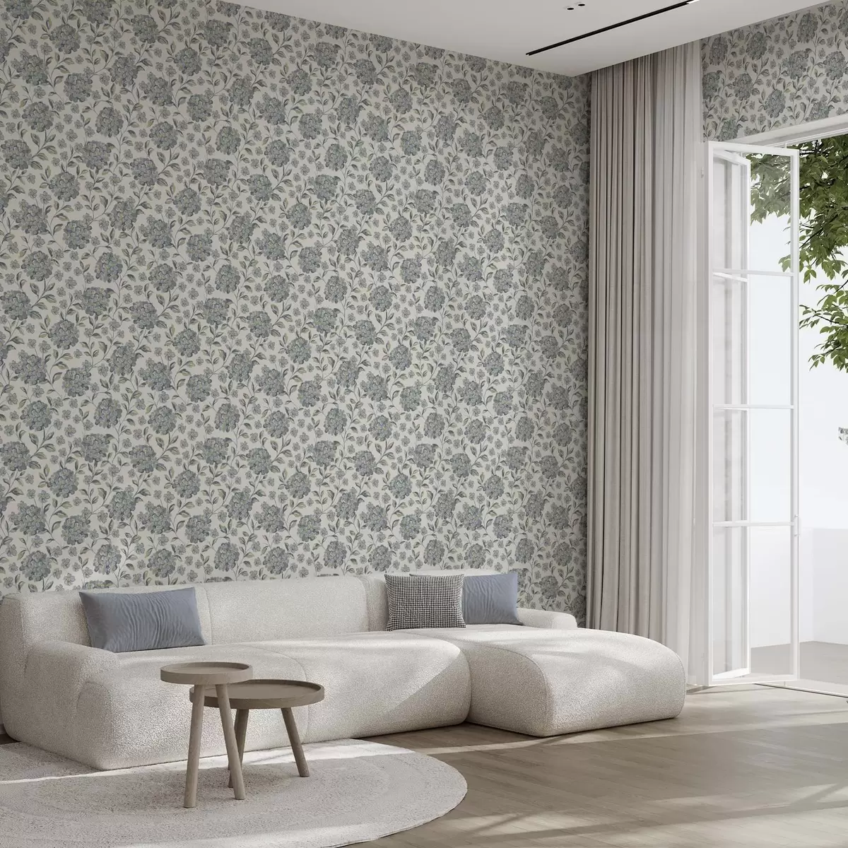 Wallpaper Flori și frunze stufoase într-o paletă de culori gri-albastru a00778