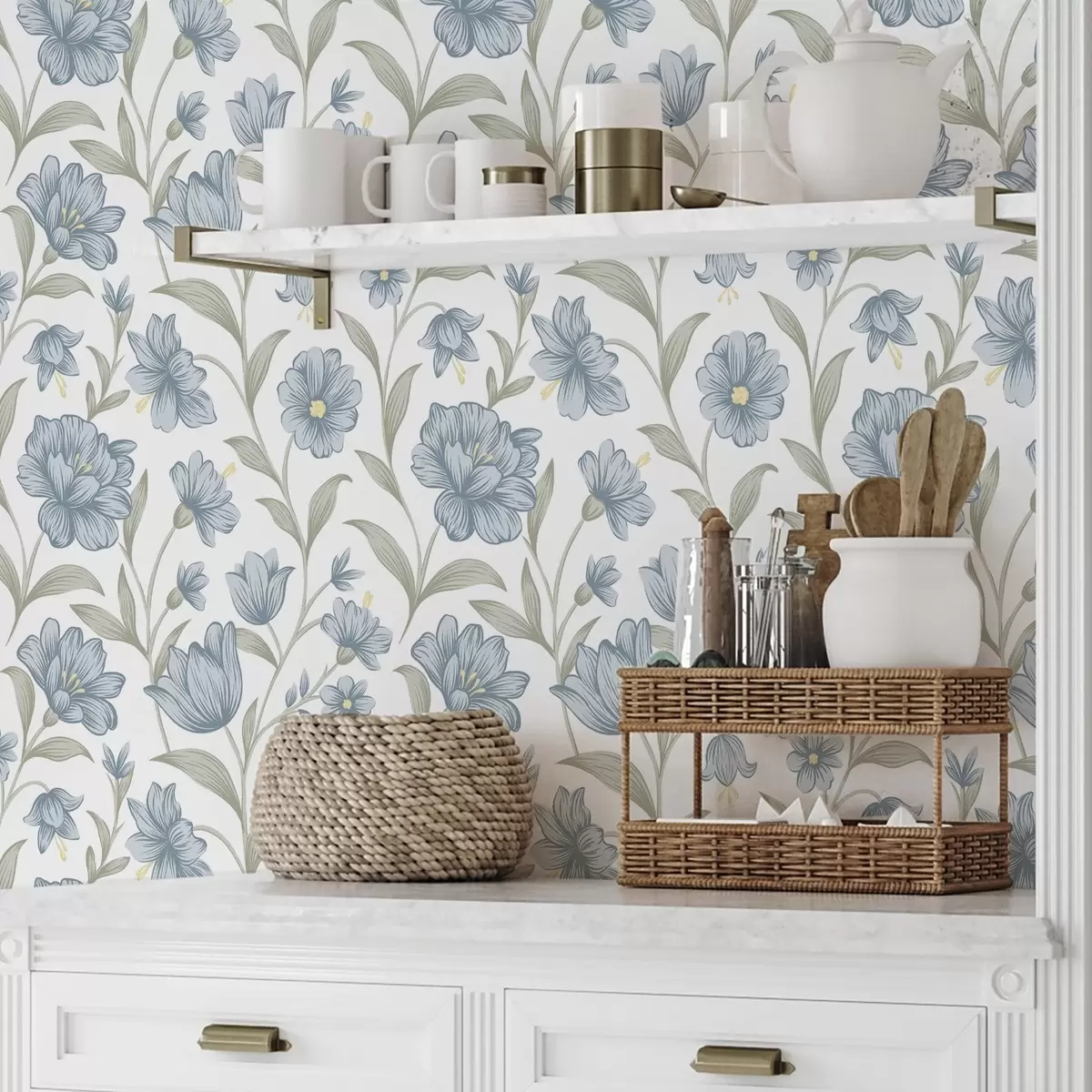 Wallpaper Flori albastre prăfuite cu frunze de măslin pe fond alb a00780