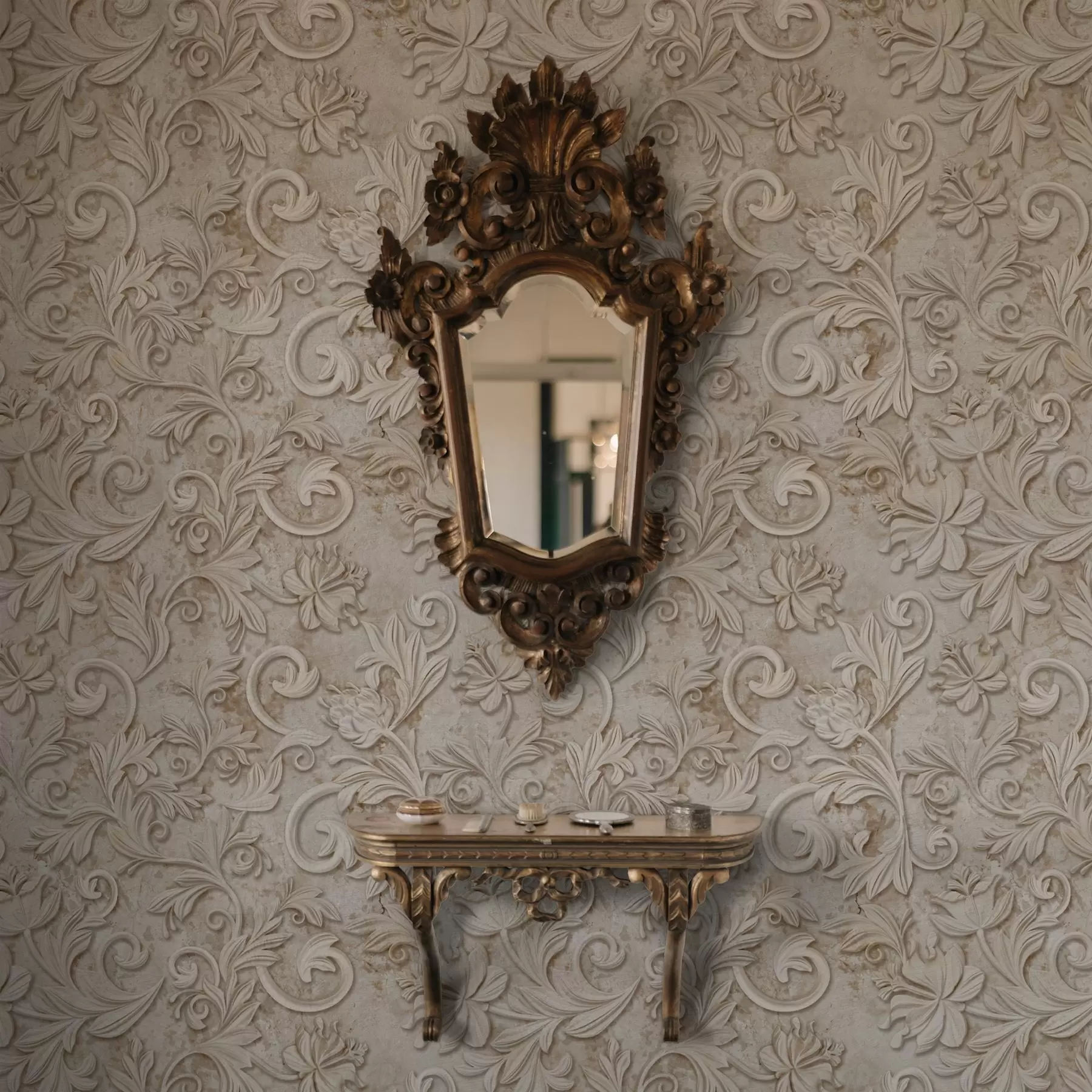 fototapet Relief din piatră cu volute florale, bej vintage a00784