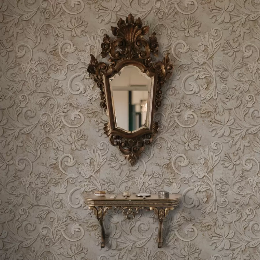 fototapet Relief din piatră cu volute florale, bej vintage a00784