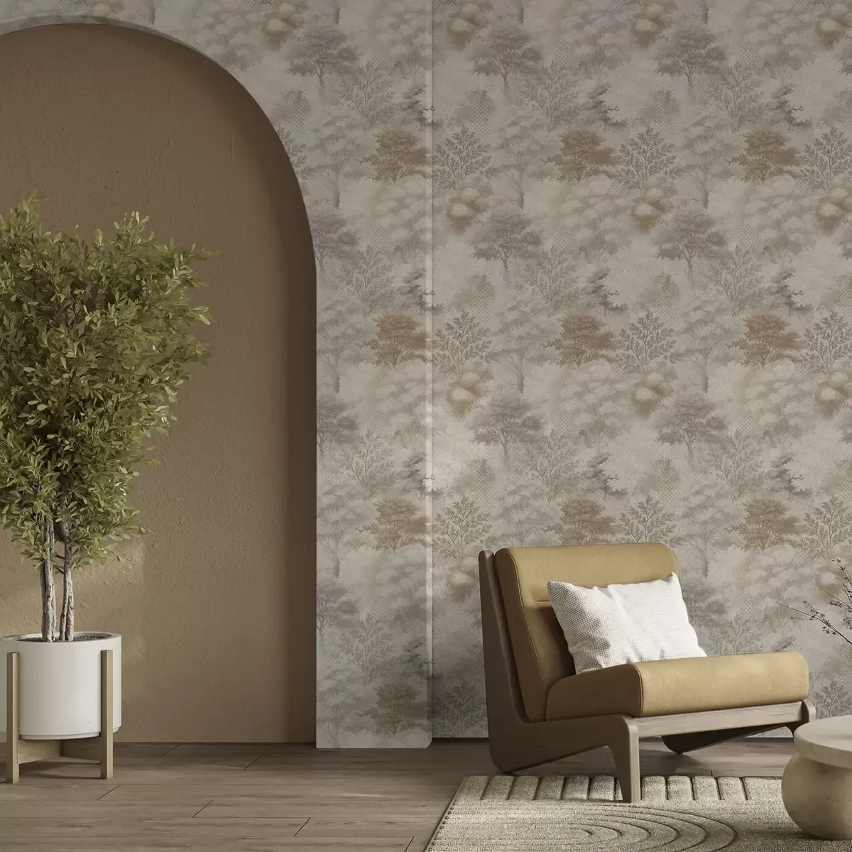 Wallpaper Pădure blândă în ceață, tonuri delicate de bej-gri a00785