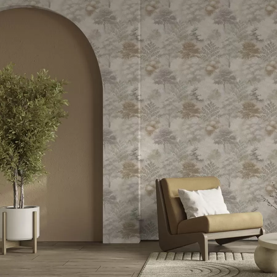 fototapet Pădure blândă în ceață, tonuri delicate de bej-gri a00785