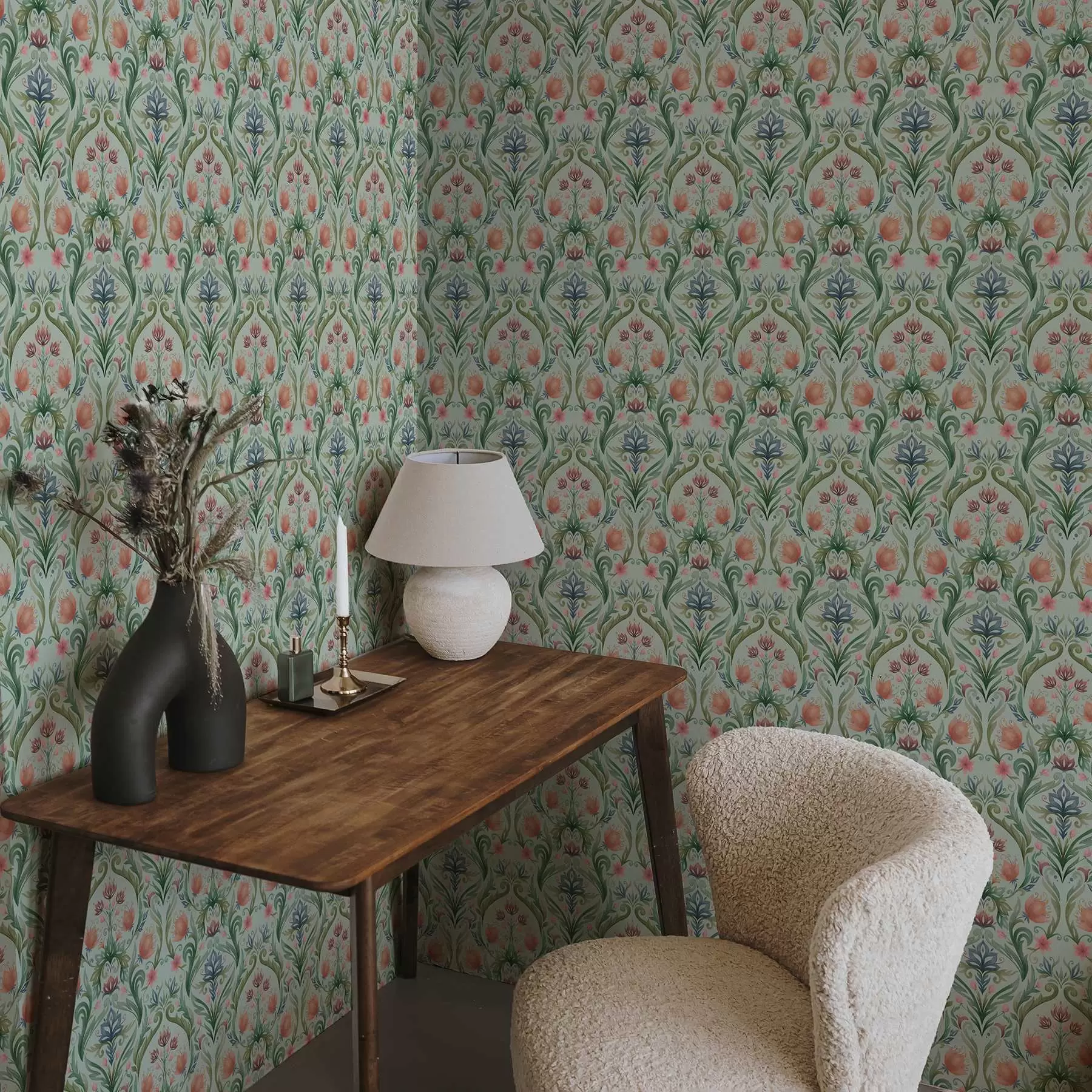 fototapet Ornament floral simetric, paletă de culori mentă-crem a00827v1