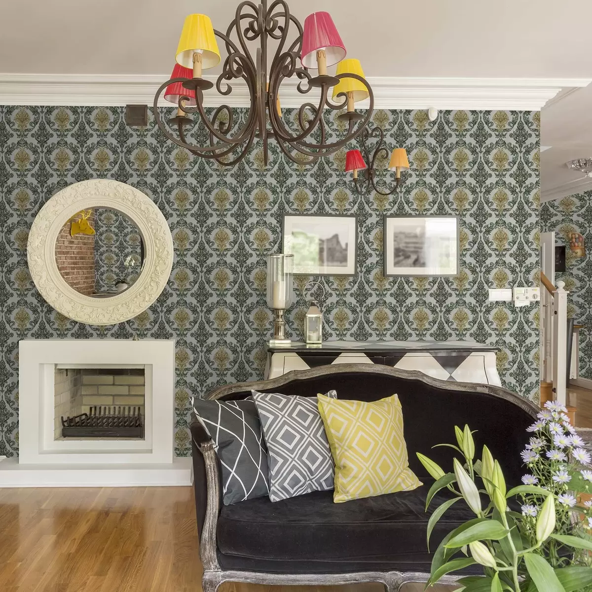 Wallpaper Damasc cu volute verzi pe fond deschis a00828v1