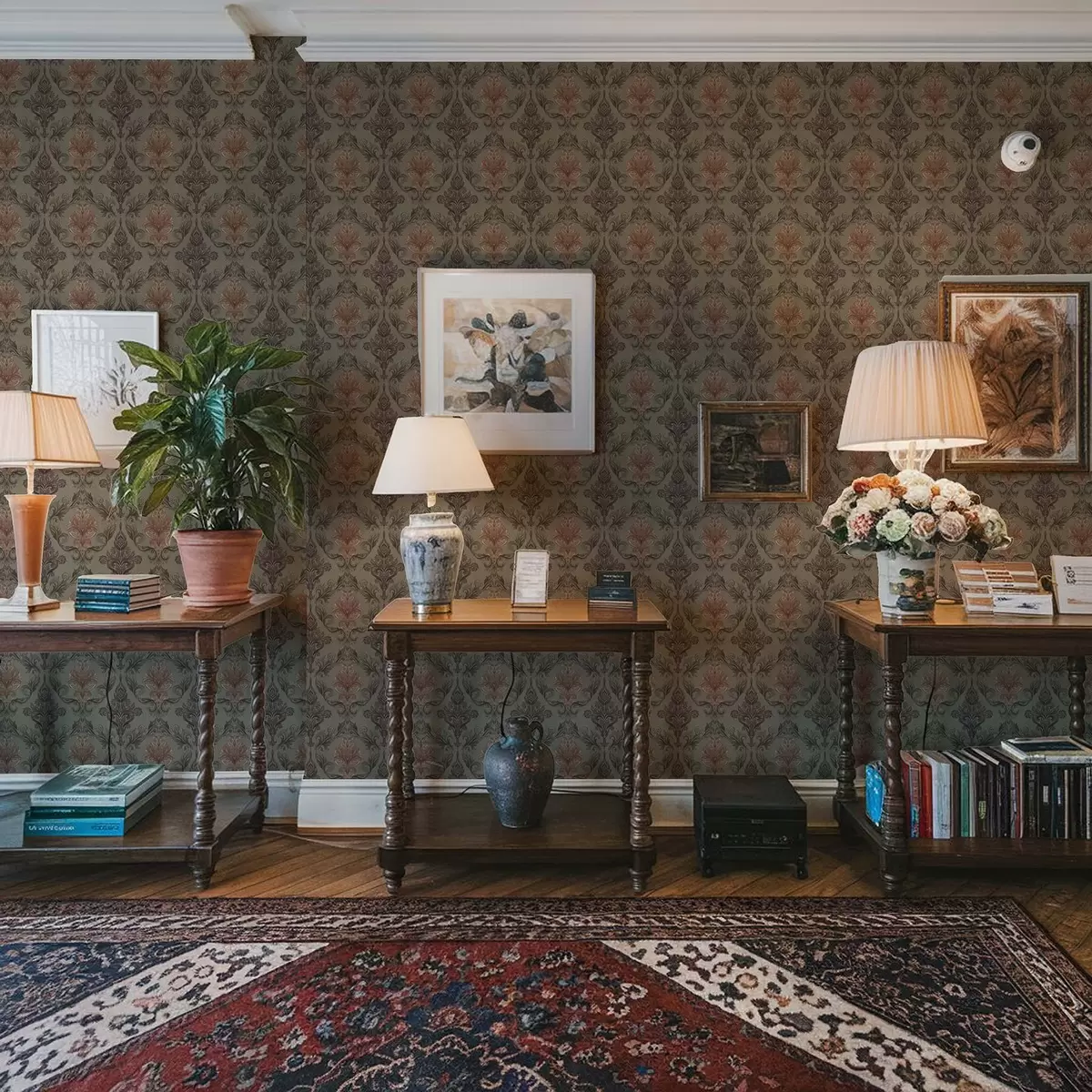 Wallpaper Damasc teracotă pe fond măslin discret a00828v3