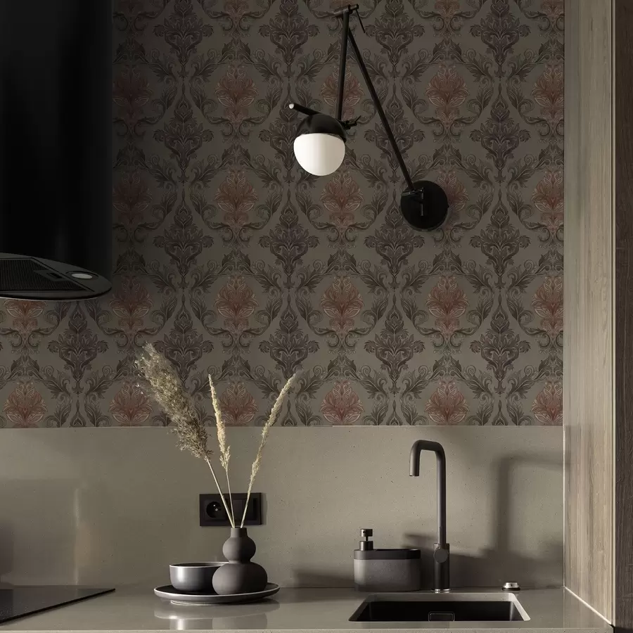 fototapet Damasc teracotă pe fond măslin discret a00828v3
